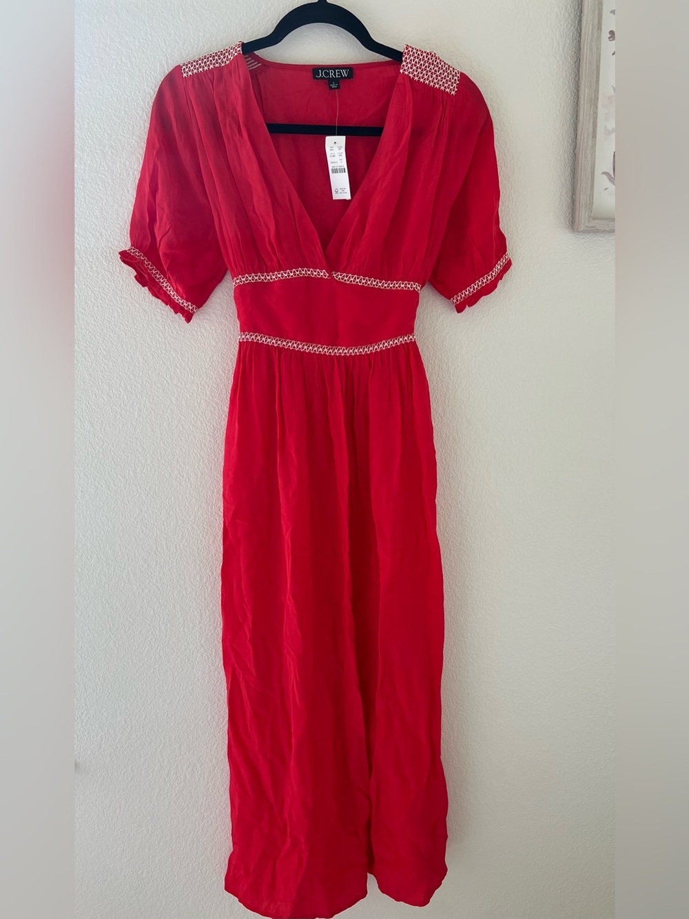 J. Crew Bright Red V-Neck Midi Dress with Contrast Stitching